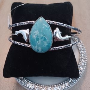 Blue Larimar Teardrop Adjustable Cuff Bangle Bracelet